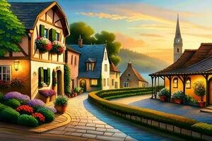 a painting of a village street at sunset. AI-Generated photo