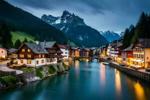 photo wallpaper the sky, mountains, water, houses, the night, the river, the town. AI-Generated