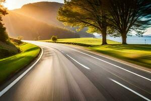 a car driving down a road with trees and grass. AI-Generated photo