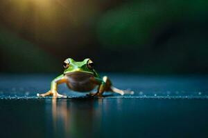 un rana sentado en un mesa con el Dom brillante. generado por ai foto