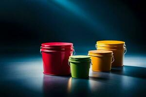 three colorful buckets on a dark background. AI-Generated photo