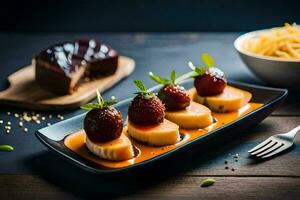 un plato con fresas y chocolate en él. generado por ai foto