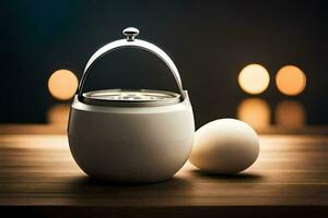 a white egg and a white pot on a table. AI-Generated photo