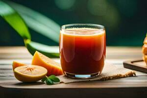 un vaso de jugo con un piña y rebanado fruta. generado por ai foto