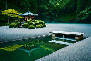 a japanese garden with a pond and a pagoda. AI-Generated photo