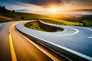 a winding road with the sun setting behind it. AI-Generated photo