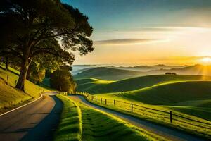 the sun rises over a green rolling hill with a winding road. AI-Generated photo