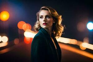 a woman is standing in front of a city street at night. AI-Generated photo