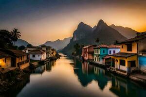 foto fondo de pantalla el cielo, montañas, agua, río, casas, Vietnam, vietnamita. generado por ai