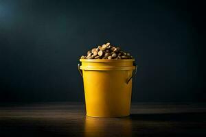 a yellow bucket filled with nuts on a dark table. AI-Generated photo