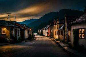 foto fondo de pantalla el cielo, montañas, camino, casas, el oscuro, el noche, el la carretera. generado por ai