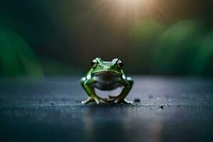 a frog sitting on the ground with the sun shining in the background. AI-Generated photo