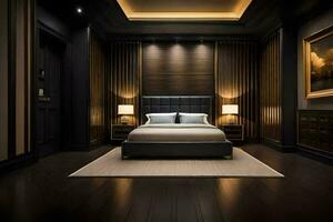 un dormitorio con oscuro madera paredes y un cama. generado por ai foto