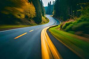 un borroso imagen de un devanado la carretera en el bosque. generado por ai foto