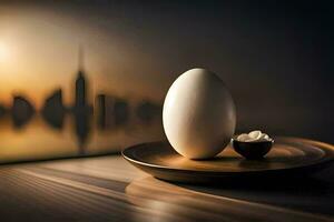 an egg and a bowl of cream on a table. AI-Generated photo