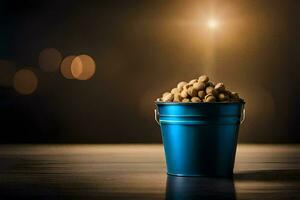 a bucket of peanuts on a table. AI-Generated photo