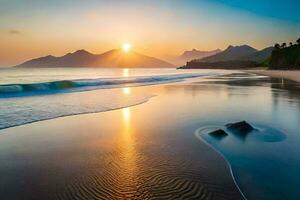 the sun rises over the ocean and mountains in this beautiful beach. AI-Generated photo