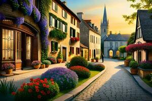 a street with flowers and buildings in the background. AI-Generated photo