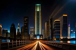 un ciudad horizonte a noche con luces en el edificios generado por ai foto