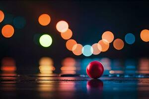 a red ball sits on the floor in front of a blurry background. AI-Generated photo