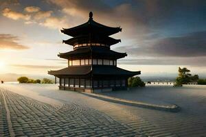 a pagoda sits on top of a sandy hill. AI-Generated photo