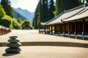a stack of stones in front of a building. AI-Generated photo