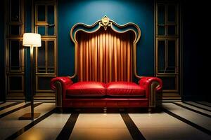 a red leather couch in a room with blue walls. AI-Generated photo