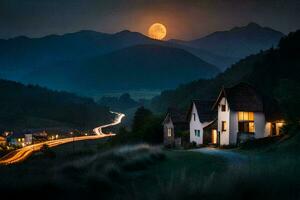 a house in the mountains with a full moon. AI-Generated photo