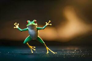 a frog is standing on its hind legs with its arms outstretched. AI-Generated photo