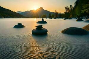 the sun sets over a lake with rocks stacked on top. AI-Generated photo