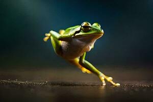 a frog jumping in the air on a dark background. AI-Generated photo