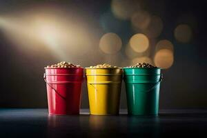 three buckets of popcorn on a table. AI-Generated photo