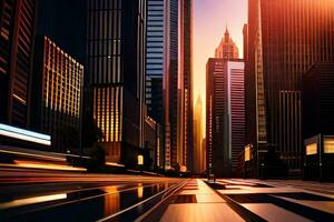 a city street at sunset with tall buildings. AI-Generated photo