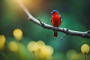 a colorful bird sits on a branch in the sun. AI-Generated photo