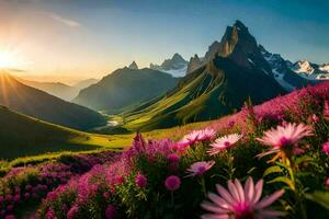 the sun rises over the mountains and flowers in the foreground. AI-Generated photo