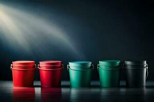 a row of colorful buckets on a dark background. AI-Generated photo