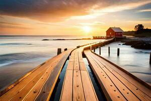 a wooden pier leads to a red house on the ocean. AI-Generated photo