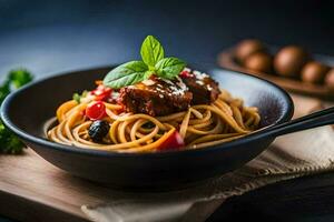 espaguetis con carne y vegetales en un bol. generado por ai foto