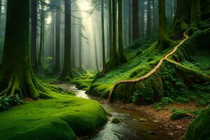 a stream runs through a green forest with mossy trees. AI-Generated photo