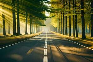 a road in the forest with sun rays shining through the trees. AI-Generated photo