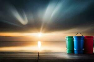 three buckets sit on a dock at sunset. AI-Generated photo