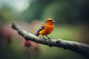 a small orange bird is sitting on a branch. AI-Generated photo