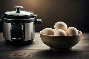 a bowl of eggs next to an electric pressure cooker. AI-Generated photo