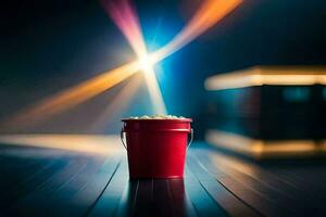 a red bucket of popcorn on a wooden floor. AI-Generated photo