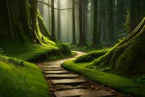 a path through a green forest with mossy trees. AI-Generated photo