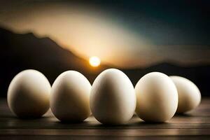 cinco blanco huevos son arreglado en un fila en un de madera mesa. generado por ai foto