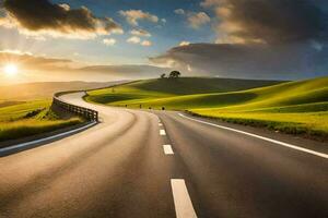 a long road with a sunset in the background. AI-Generated photo