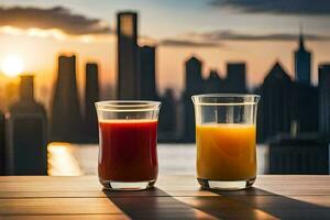 two glasses of juice with the city skyline in the background. AI-Generated photo