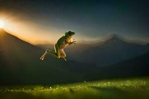 a frog jumping in the air with the sun setting behind it. AI-Generated photo