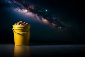 a bucket of gold in front of the milky way. AI-Generated photo